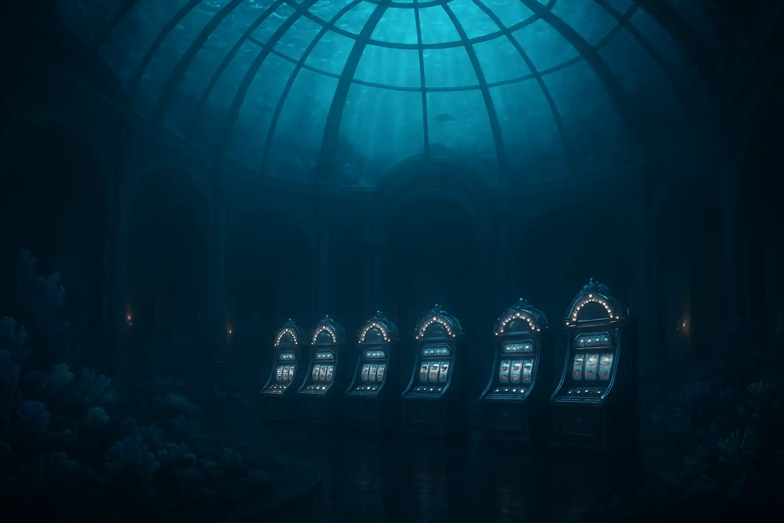 Underwater palace casino hall with glowing coral slot machines and pearl accents