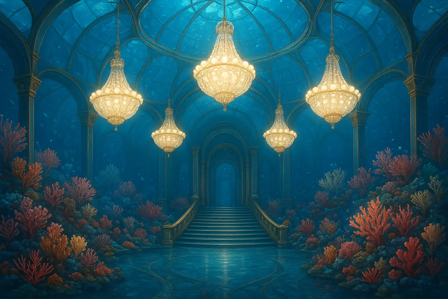 Grand underwater palace hall with glass domes and glowing pearl chandeliers representing WinCleo Casino