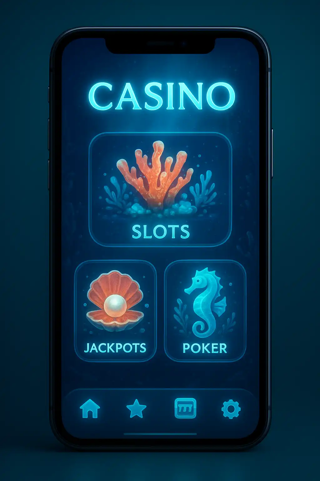 Smartphone displaying the WinCleo Casino mobile app lobby with glowing coral slot icons