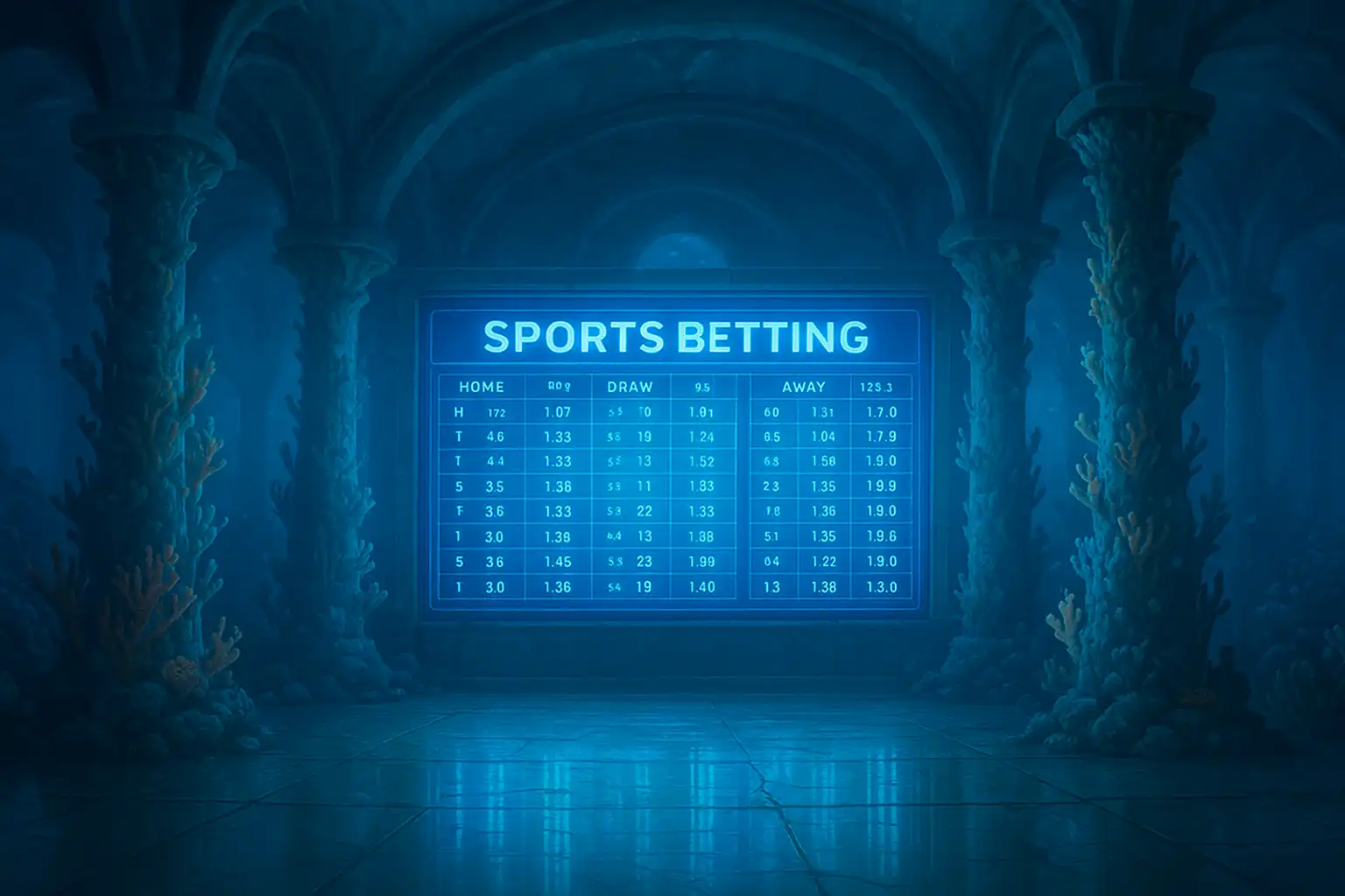 Sports betting screen glowing blue with odds boards inside an underwater palace hall