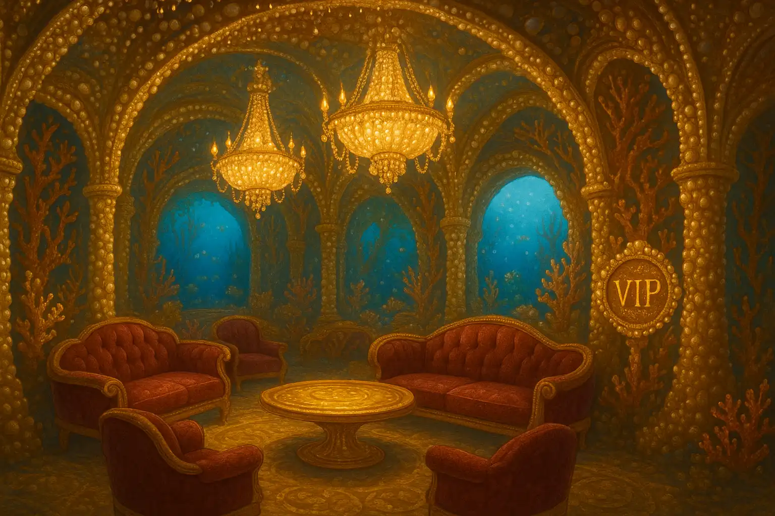 Golden pearl-encrusted VIP lounge inside an underwater casino palace
